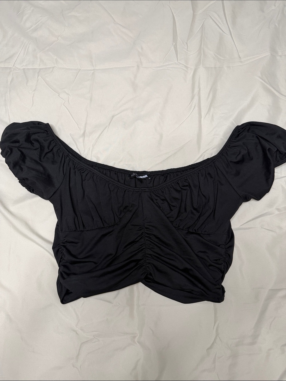 Fashion Nova Black Off-Shoulder Ruched Puff Sleeve Crop Top